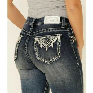 Grace in LA Women's Feather Aztec Embroidered Embellished Bootcut Stretch Jeans